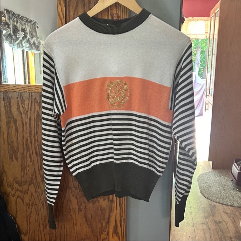 Celine vintage Striped Black and White Sweater with Orange Accent